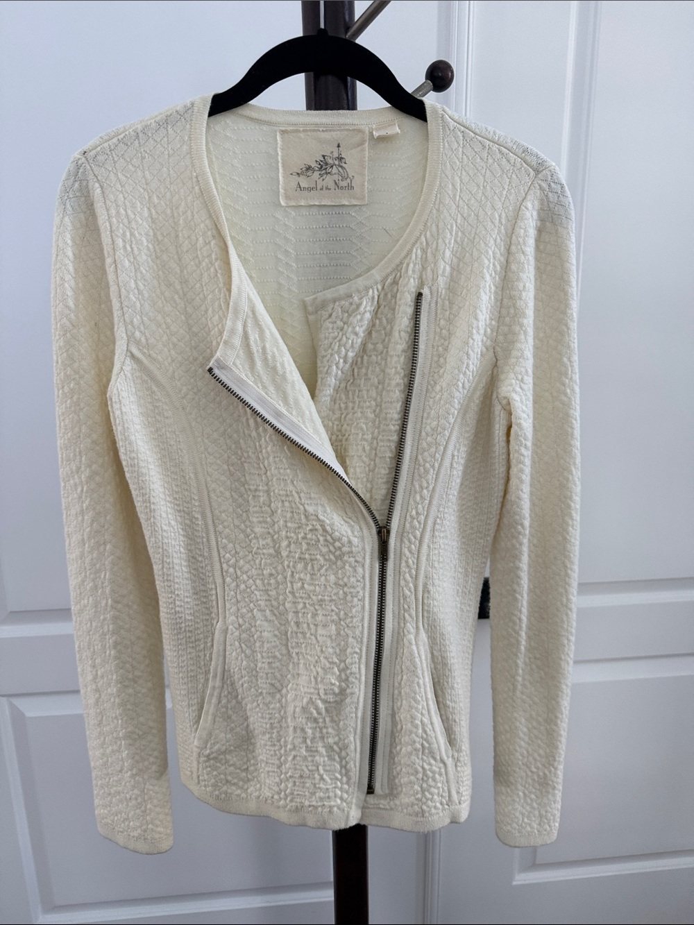 Angel Of The North Cream Quilted Zip-Front Crew Sweater
